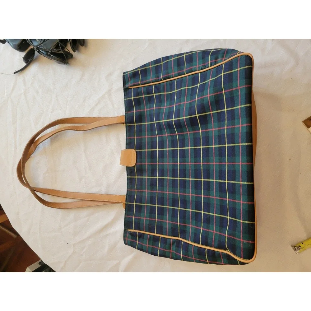 Keds Plaid Canvas‎ & Faux Leather Tote Bag Women's Large Shoulder Handbag Navy
